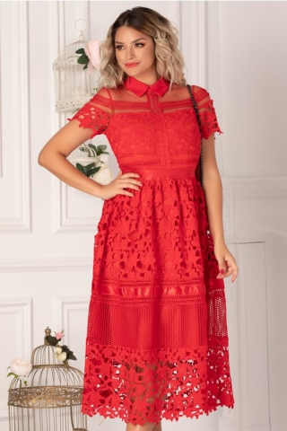 Rochie Izabela rosie lunga din dantela cu insertii din tull si satin