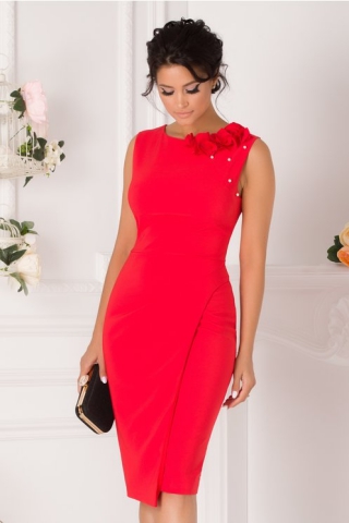 Rochie LaDonna corai cu flori 3D pe umar si si perlute