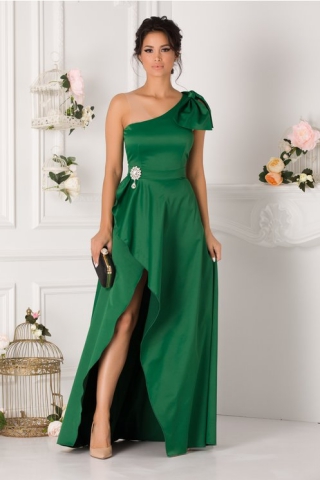 Rochie Roxana lunga verde cu funda maxi la umar