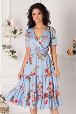 Rochie Roxy bleu cu buline si imprimeu floral