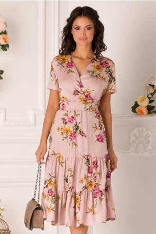 Rochie Roxy nude-rose cu buline si imprimeu floral