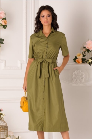 Rochie Sara kaki cu nasturi si cordon in talie