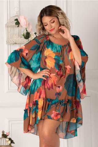 Rochie Sorina maro cu imprimeuri florale turcoaz