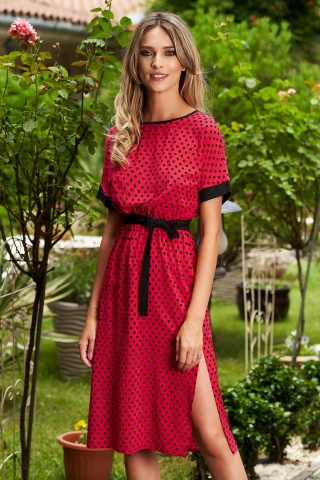 Rochie StarShinerS rosie de zi in clos cu maneci scurte cu buline si cordon detasabil