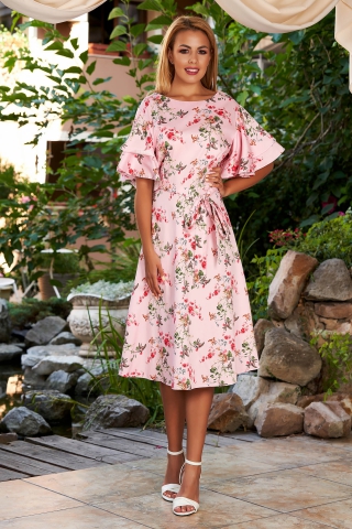 Rochie roz deschis de zi midi in clos cu maneci tip fluture decolteu la baza gatului si cordon detasabil