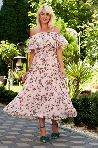 Rochie roz prafuit de zi midi in clos din voal pe umeri cu elastic in talie si imprimeu floral