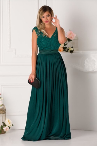 Rochie Belinda verde smarald lunga cu broderie la bust
