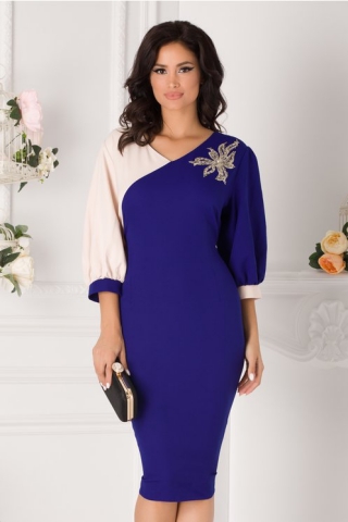 Rochie Gabi albastru cu bej si aplicatie florala din paiete si perle