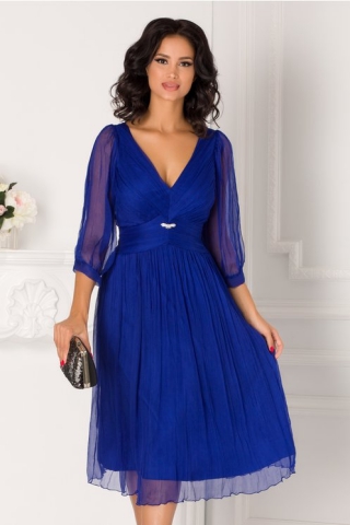 Rochie Ginette din matase albastra cu maneci decupate