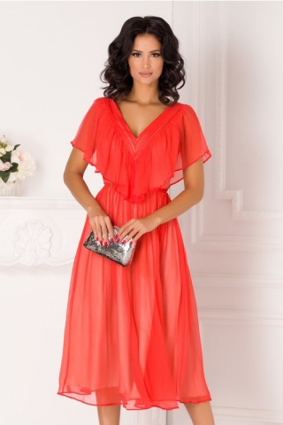 Rochie Leonard Collection midi corai din matase cu volanase la decolteu