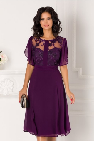 Rochie Leonard Collection mov cu broderie florala la bust