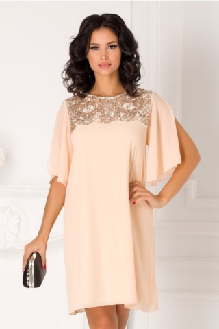 Rochie Lola bej cu brodeie din paiete la bust
