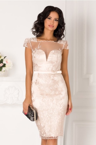 Rochie MBG Crissa bej cu broderie florala