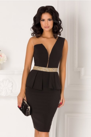 Rochie MBG Matilda neagra cu peplum si strasuri in talie