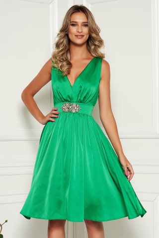 Rochie StarShinerS verde eleganta de ocazie midi din satin captusita pe interior cu decolteu in v