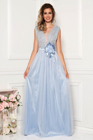 Rochie albastru-deschis LaDonna de ocazie cu aplicatii cu pietre strass cu decolteu adanc