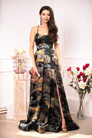 Rochie de ocazie neagra cu imprimeu floral si paiete turcoaz