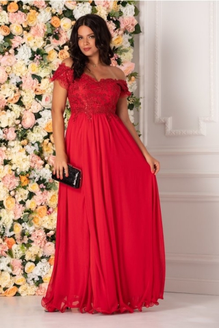 Rochie rosie Dana lunga cu broderie la bust