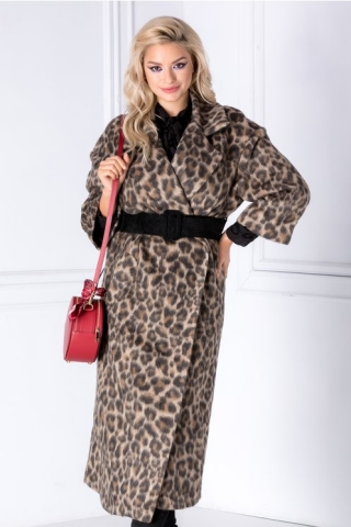 Palton Caty cu animal print si curea in talie