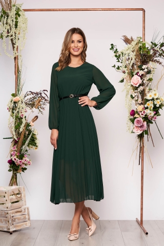 Rochie SunShine verde-inchis eleganta midi plisata cu croi larg din voal cu curea din imitatie de piele