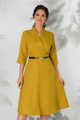 Rochie Thalia galben mustar petrecuta cu motive florale