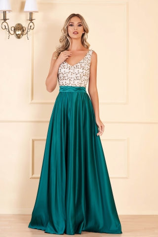 Rochie Fofy verde-inchis de ocazie in clos din satin cu paiete fara maneci cu decolteu in v