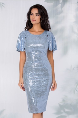 Rochie Moze conica bleu cu paiete si maneci decupate