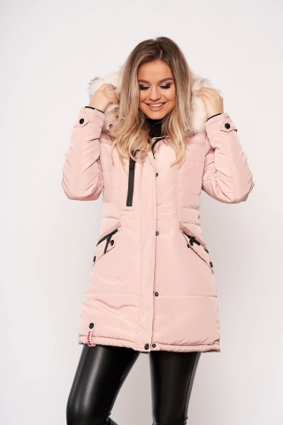 Geaca SunShine roz prafuit casual midi din fas cu buzunare gluga detasabila imblanita