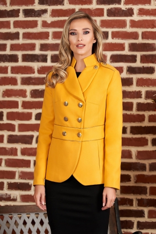 Jacheta LaDonna mustarie eleganta scurta material gros cu maneca lunga inchidere cu nasturi aurii