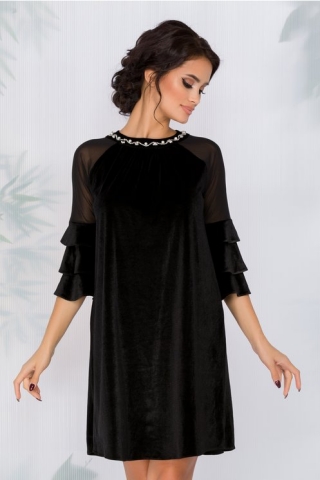 Rochie Agnes neagra din catifea cu strasuri si perle
