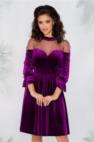 Rochie Anne mov din catifea cu perlute la bust