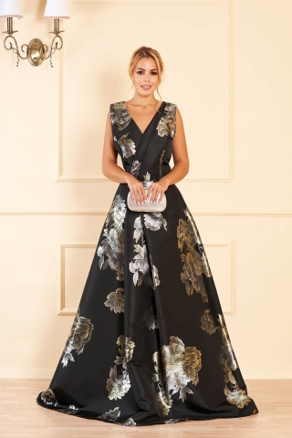 Rochie Artista neagra de ocazie in clos cu decolteu in v cu imprimeu floral
