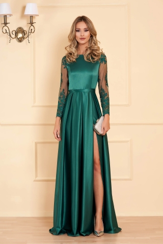 Rochie Artista verde de ocazie croi in clos din material satinat cu maneci din dantela