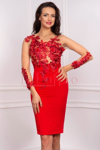 Rochie Atmosphere rosie de ocazie midi conica cu broderie florala