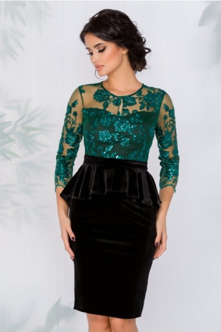Rochie Cleo verde din catifea si tull brodat