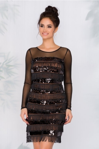 Rochie Ginette neagra cu paiete si franjuri