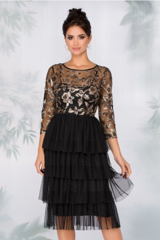 Rochie LaDonna neagra din tull cu broderie florala aurie din paiete