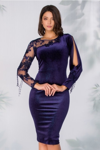 Rochie Leonard Collection din catifea bleumarin cu fir lurex stralucitor si broderie florala