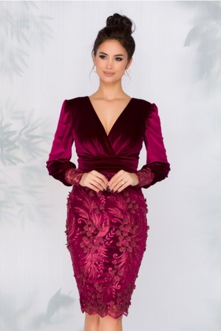 Rochie MBG bordo din dantela si broderie 3D
