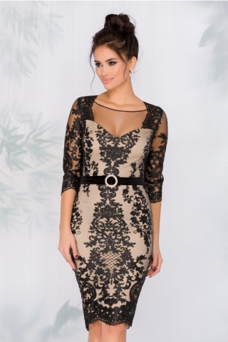 Rochie MBG de ocazie bej cu tull brodat negru