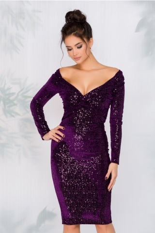Rochie MBG mov decoltata din catifea cu paiete