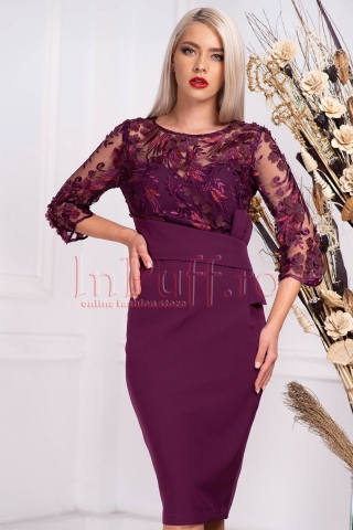 Rochie MBG mov pruna de ocazie midi conica din stofa cu tul brodat si aplicatii florale