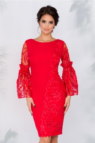 Rochie MBG rosie cu flori 3D si maneci clopot