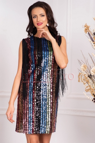 Rochie de seara din tul cu paiete multicolore midi dreapta cu decolteu rotund si franjuri la umeri