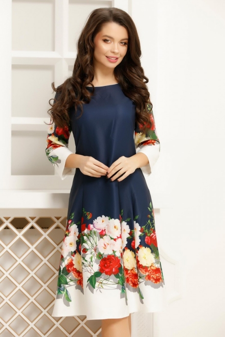 Rochie Artemis Bleumarin Lucioasa Cu Imprimeu Floral Colorat La Baza