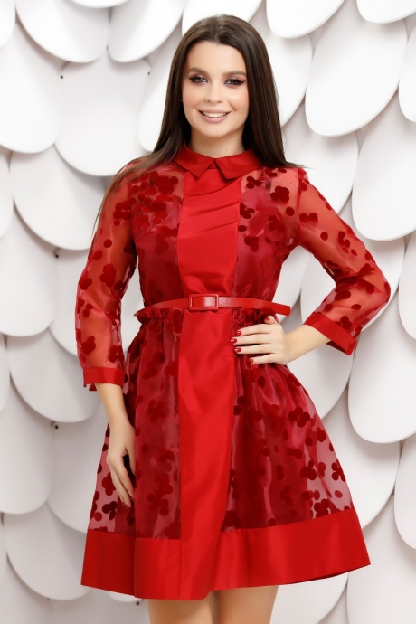 Rochie Carmenta Rosie Din Tull Sidefat Cu Buline De Catifea