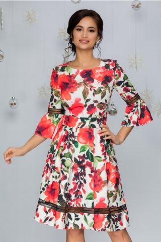 Rochie LaDonna alba cu imprimeu floral rosu si insertii din dantela