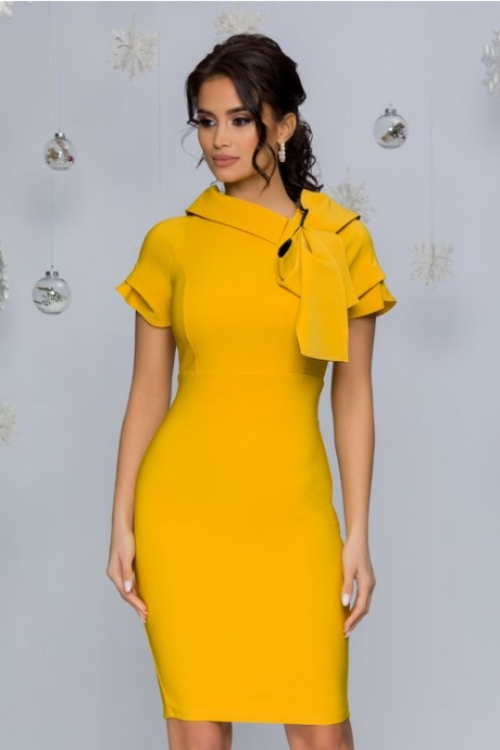 Rochie Laila galbena cu funda la decolteu