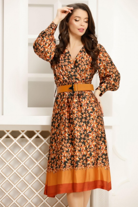 Rochie Olive Cu Imprimeu Divers In Nuante De Portocaliu Si Negru Si Curea Decorativa In Talie