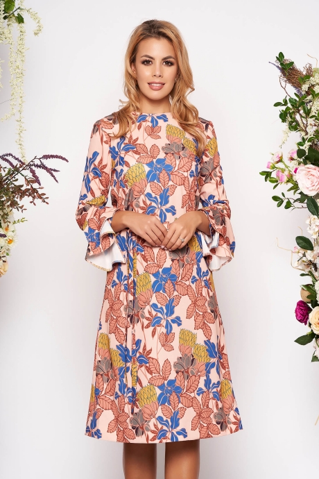 Rochie crem midi eleganta din scuba cu maneci lungi tip clopot cu cordon detasabil si imprimeu floral